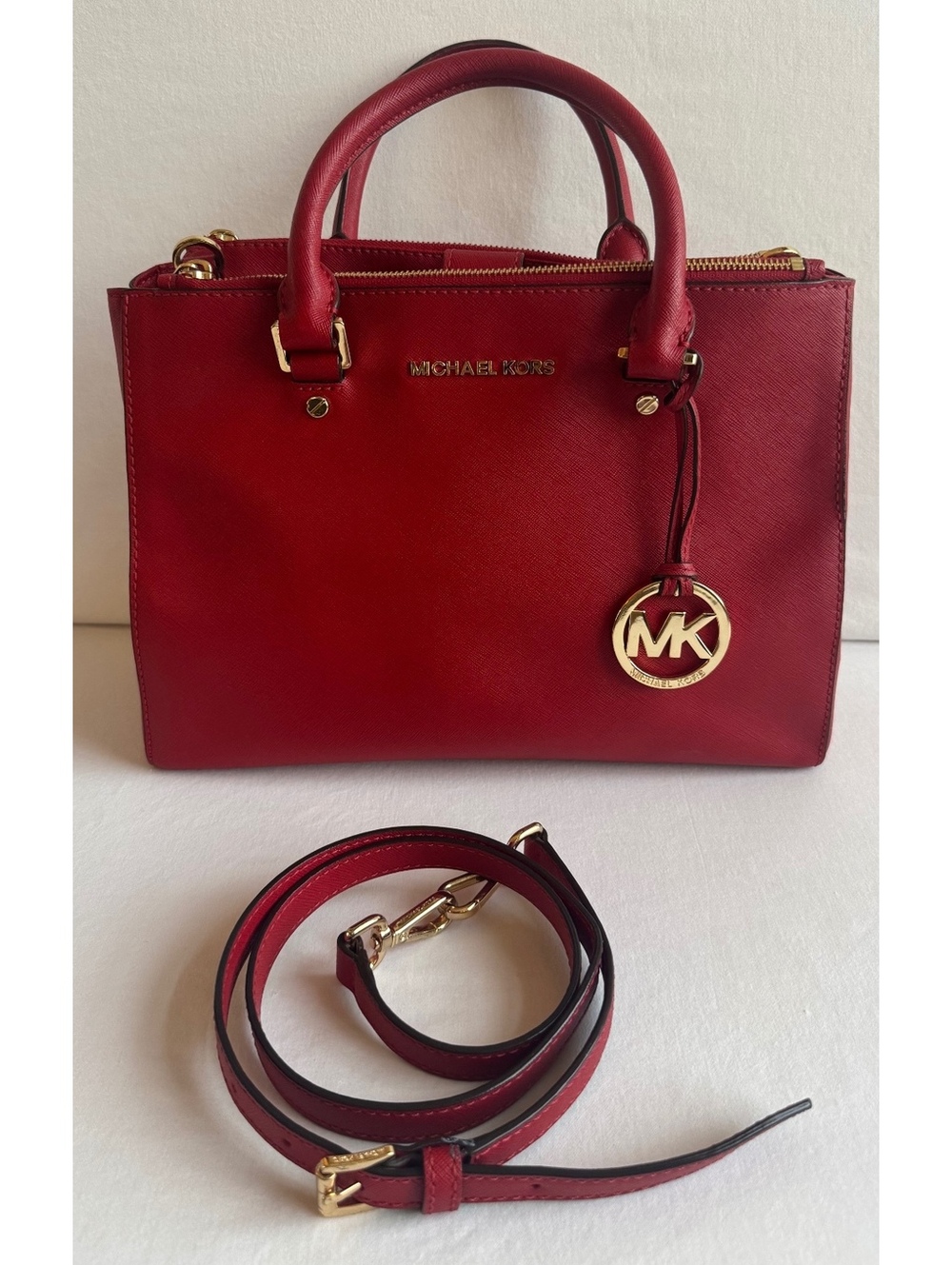 Michael Kors Sutton Medium Red Saffiano Leather Satchel Crossbody Bag